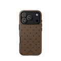 Chocolate brown iPhone case with evenly spaced black mini polka dots