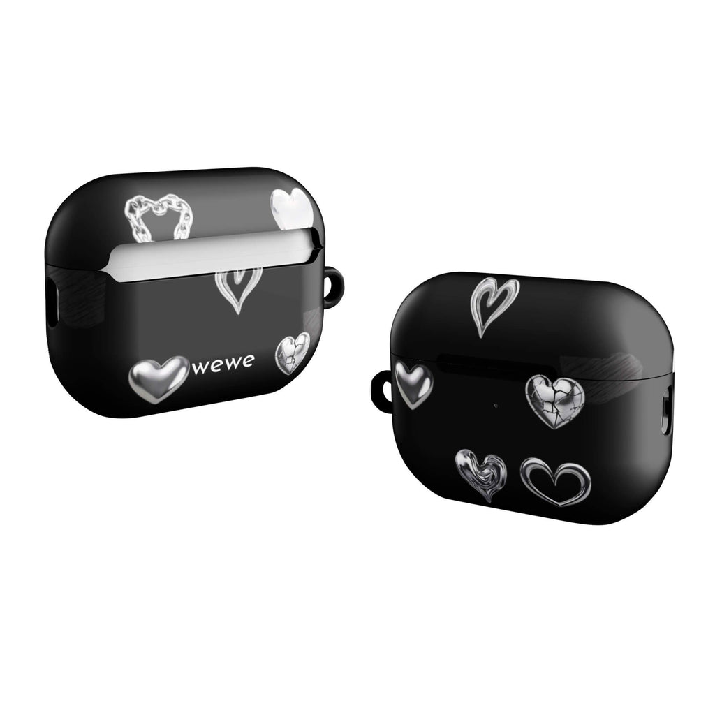 Custom AirPods case pro gen2 with a black background and shiny silver chrome heart charms in various designs, including a cracked heart.