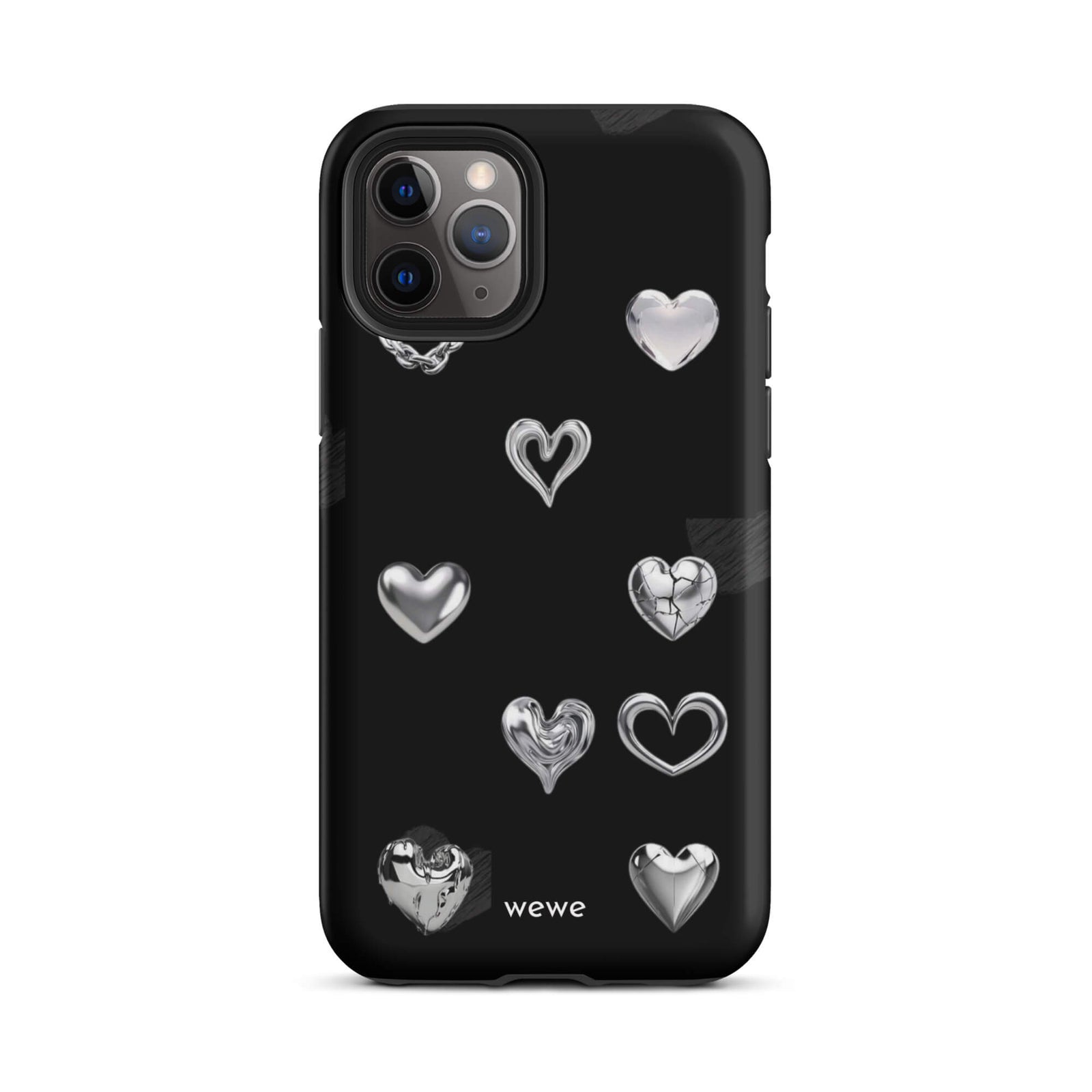 Custom iPhone case 11 pro with a black background and shiny silver chrome heart charms in various designs, including a cracked heart.
