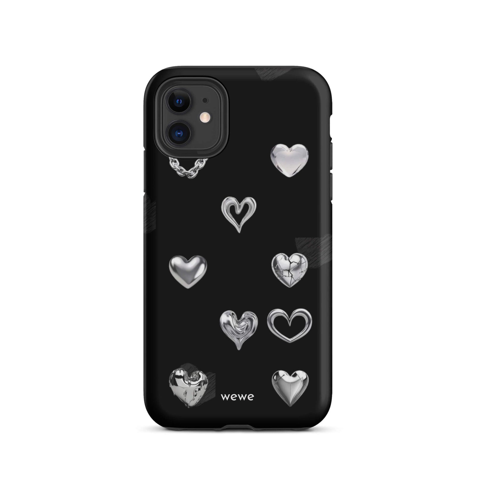 Custom iPhone case 11 with a black background and shiny silver chrome heart charms in various designs, including a cracked heart.