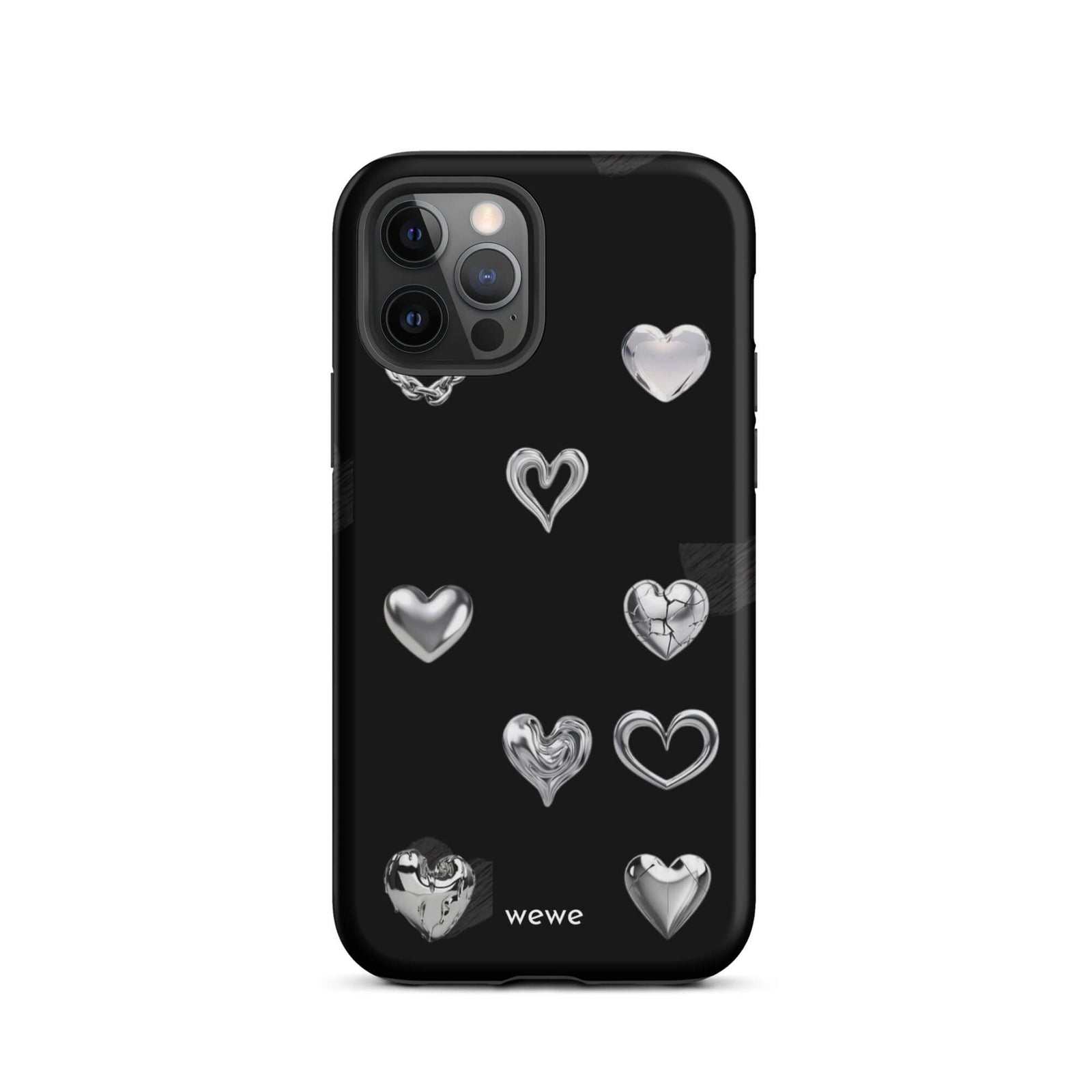 Custom iPhone case 12 pro with a black background and shiny silver chrome heart charms in various designs, including a cracked heart.