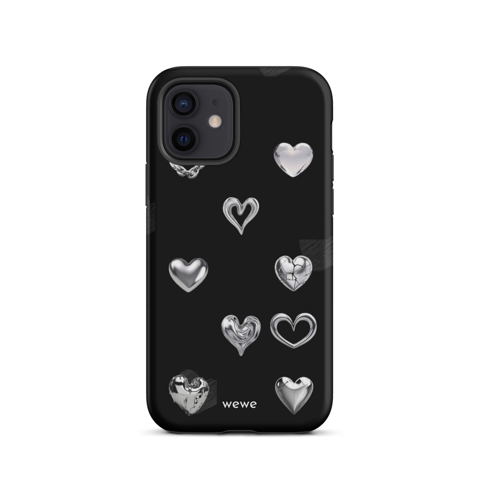 Custom iPhone case 12 with a black background and shiny silver chrome heart charms in various designs, including a cracked heart.