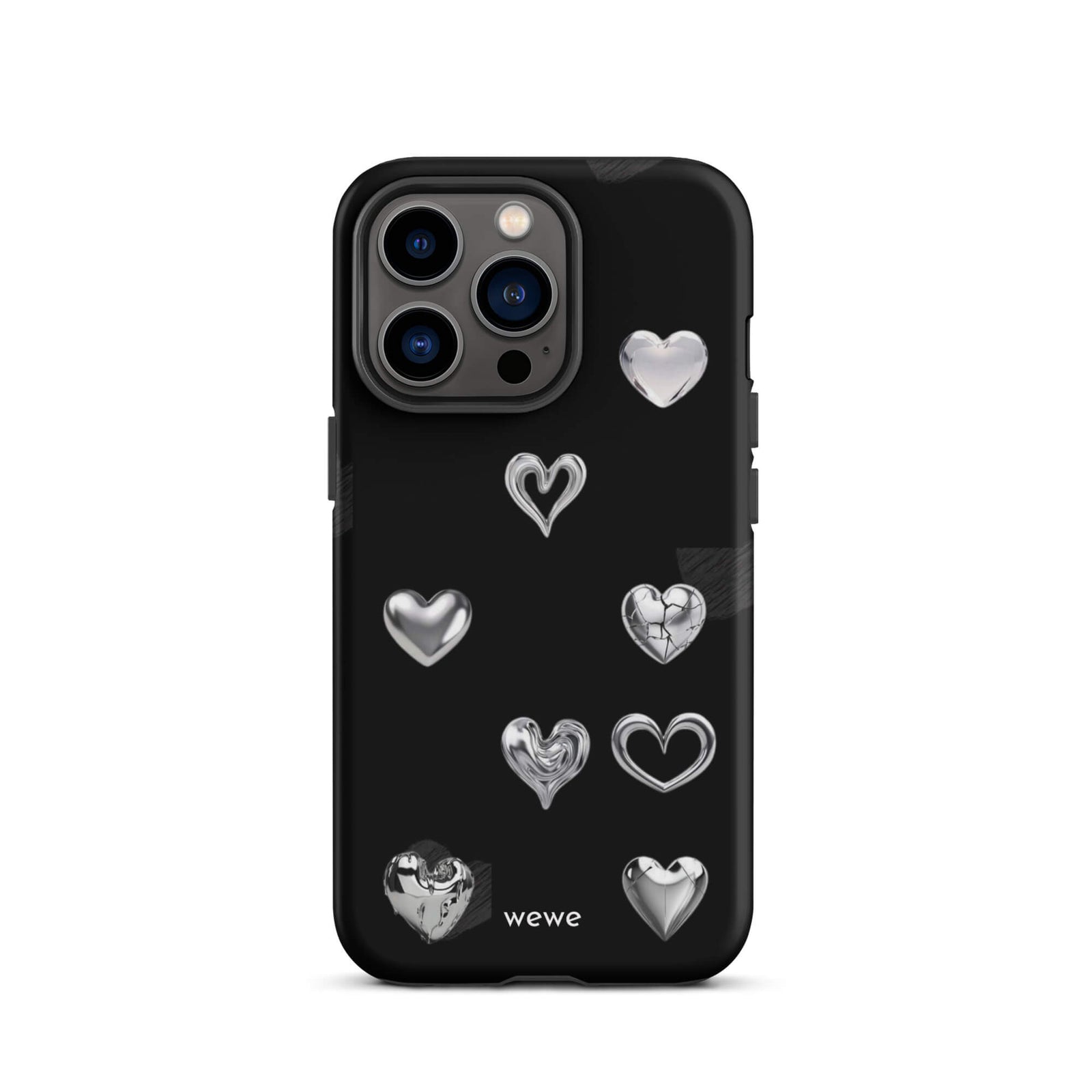 Custom iPhone case 13 pro with a black background and shiny silver chrome heart charms in various designs, including a cracked heart.