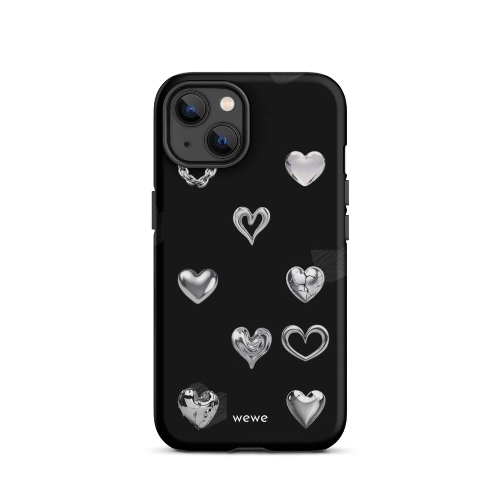 Custom iPhone case 13 with a black background and shiny silver chrome heart charms in various designs, including a cracked heart.