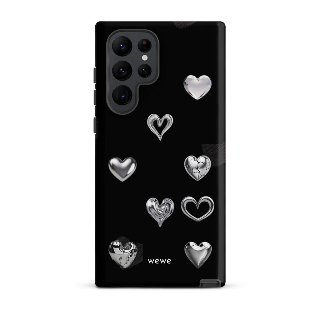 Custom samsung galaxy s22 ultra Phone case with a black background and shiny silver chrome heart charms in various designs, including a cracked heart.