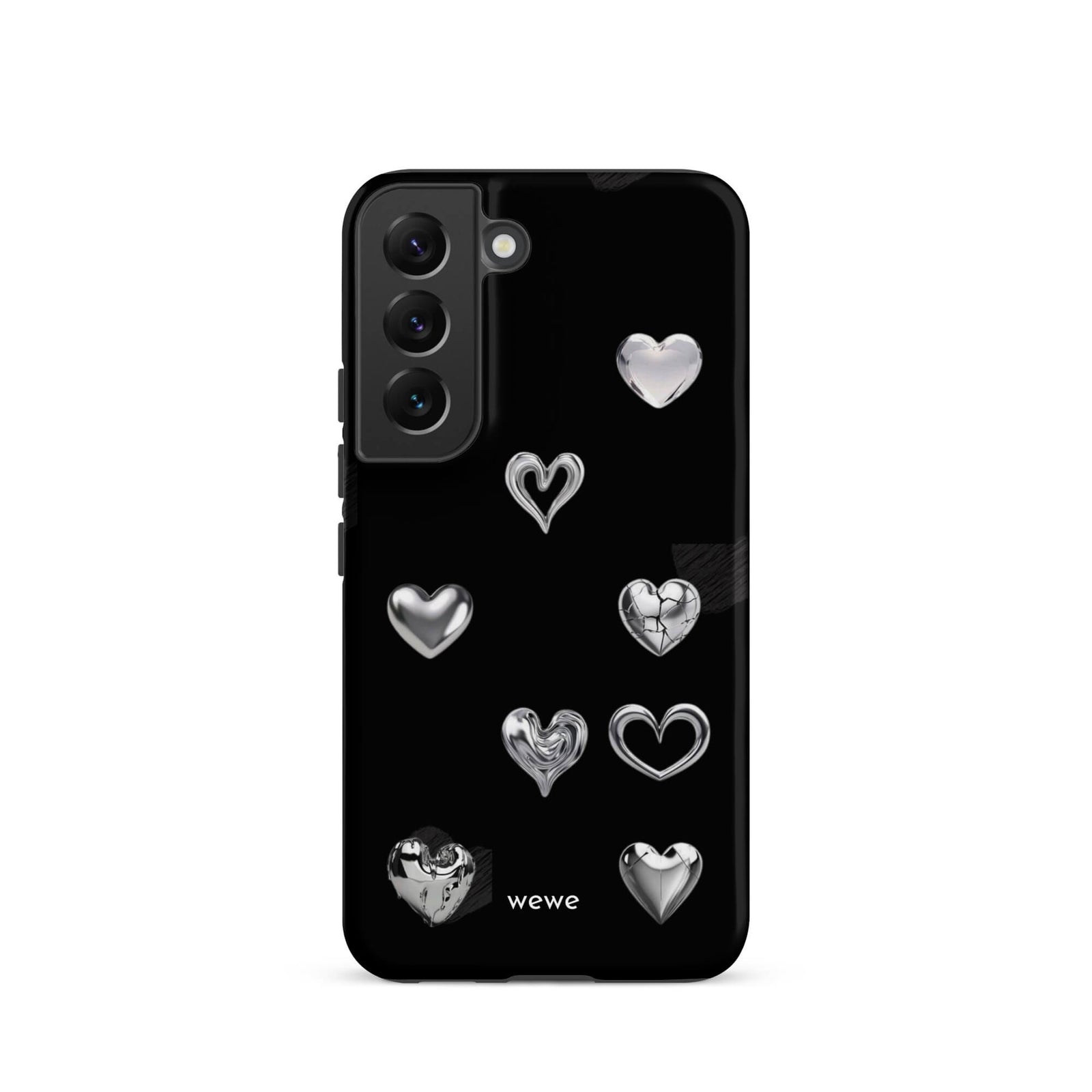 Custom samsung galaxy s22 Phone case with a black background and shiny silver chrome heart charms in various designs, including a cracked heart.