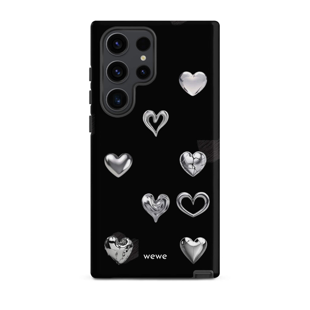 Custom samsung galaxy s23 ultra Phone case with a black background and shiny silver chrome heart charms in various designs, including a cracked heart.