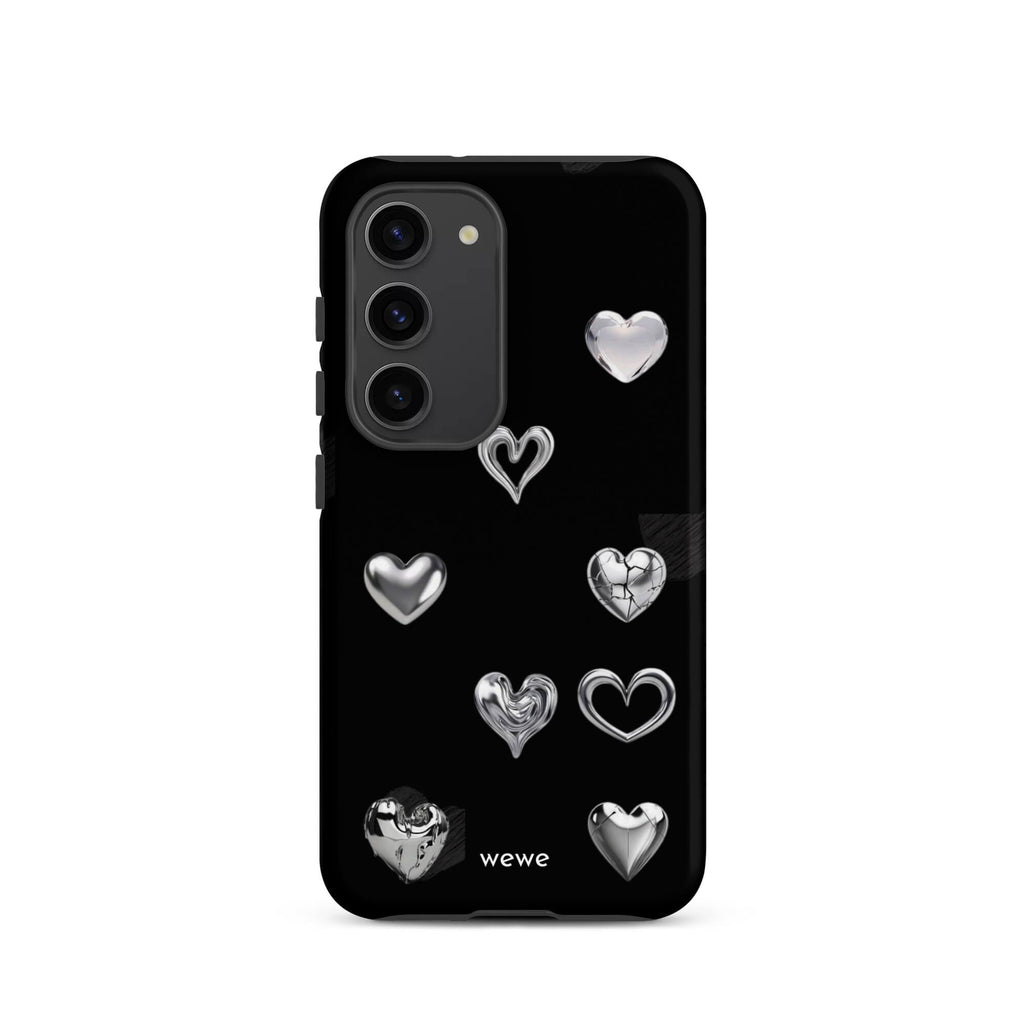 Custom samsung galaxy s3 Phone case with a black background and shiny silver chrome heart charms in various designs, including a cracked heart.