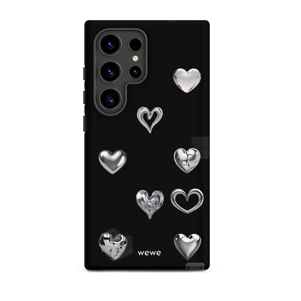 Custom samsung galaxy s24 ultra Phone case with a black background and shiny silver chrome heart charms in various designs, including a cracked heart.