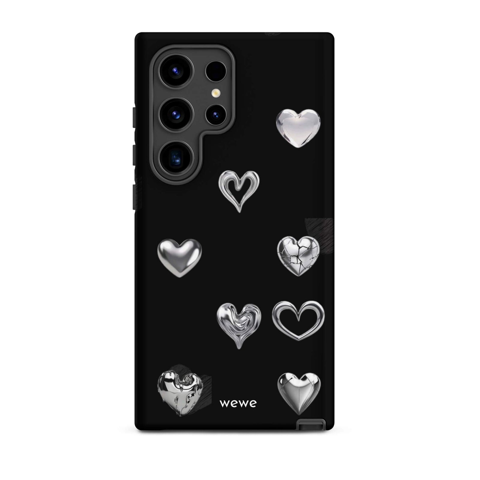 Custom samsung galaxy s24 ultra Phone case with a black background and shiny silver chrome heart charms in various designs, including a cracked heart.