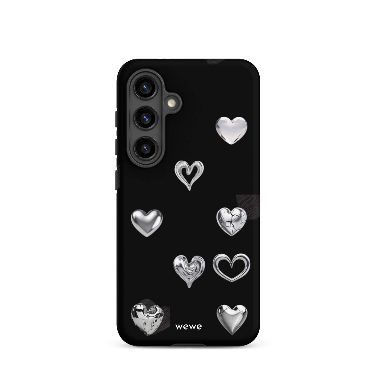 Custom samsung galaxy s24 Phone case with a black background and shiny silver chrome heart charms in various designs, including a cracked heart.