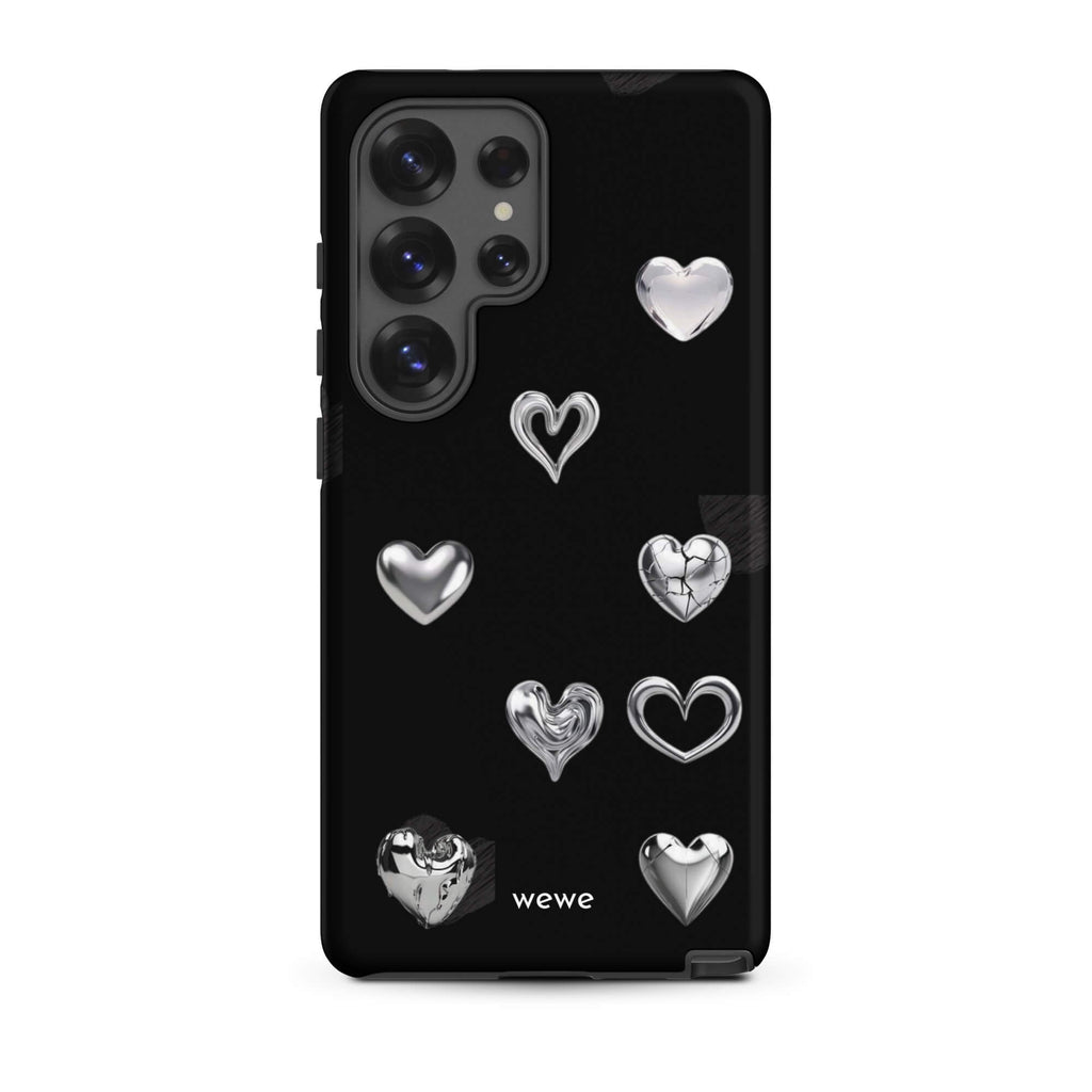 Custom samsung galaxy s25 ultra Phone case with a black background and shiny silver chrome heart charms in various designs, including a cracked heart.