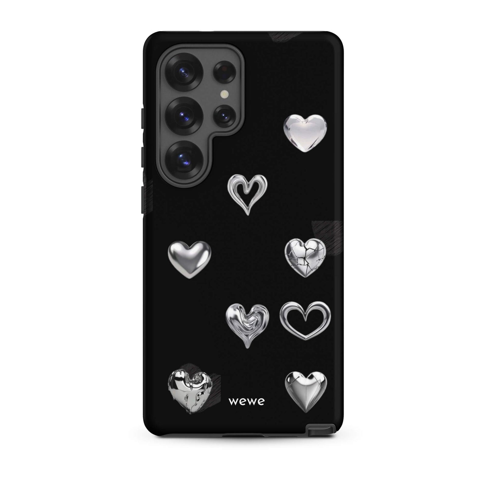 Custom samsung galaxy s25 ultra Phone case with a black background and shiny silver chrome heart charms in various designs, including a cracked heart.