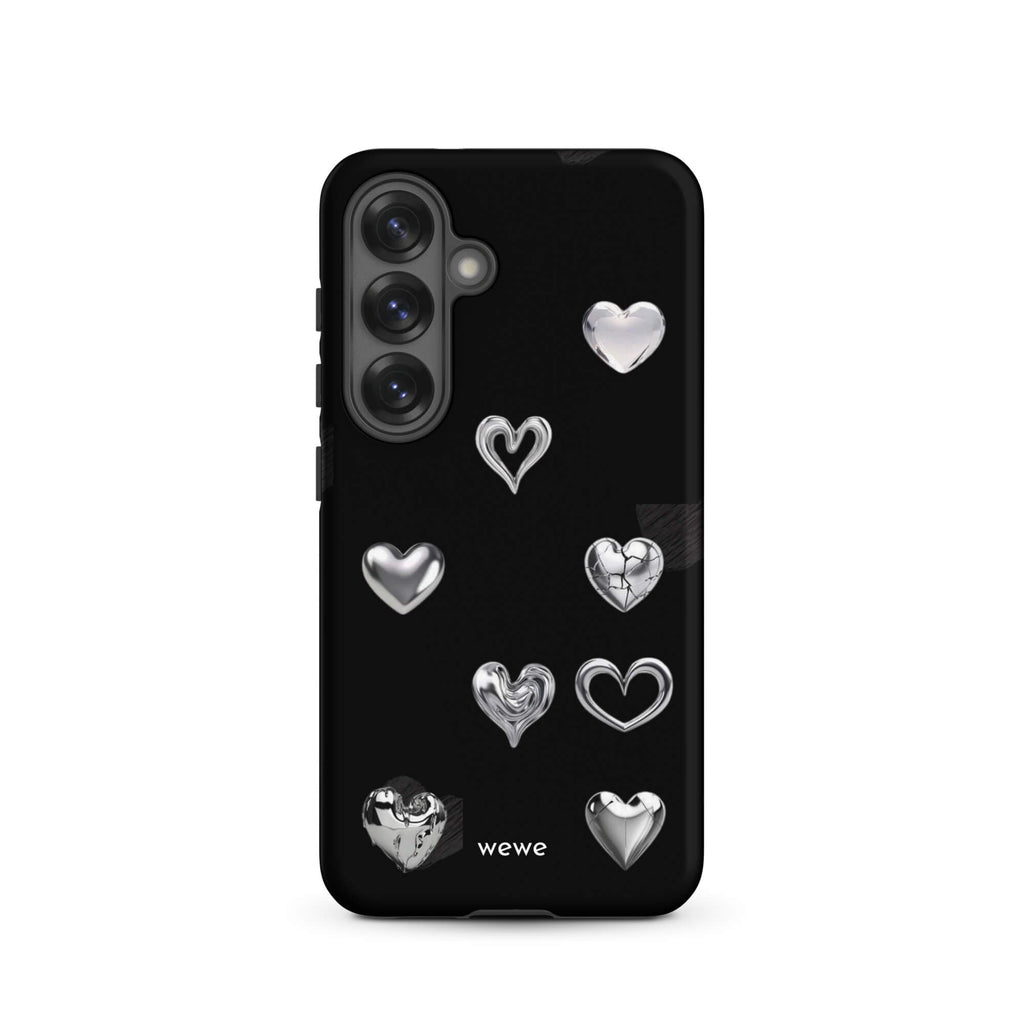 Custom samsung galaxy s25 Phone case with a black background and shiny silver chrome heart charms in various designs, including a cracked heart.