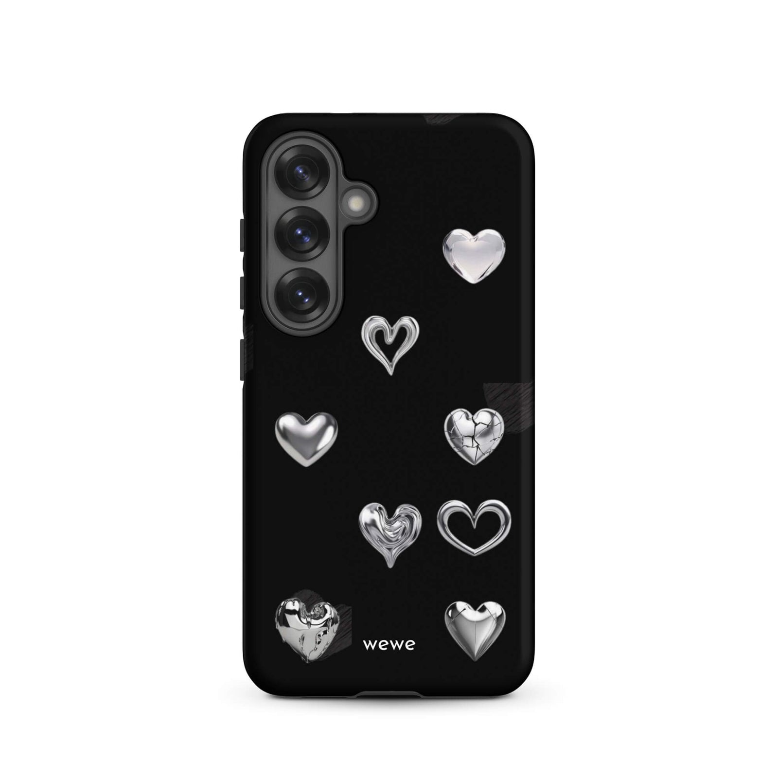 Custom samsung galaxy s25 Phone case with a black background and shiny silver chrome heart charms in various designs, including a cracked heart.