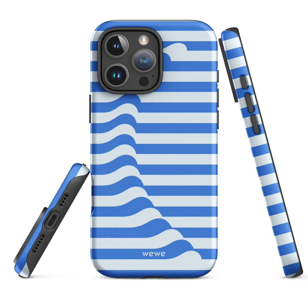 Cobalt-blue and ice-blue iPhone case with horizontal stripes joined by a flowing diagonal wave