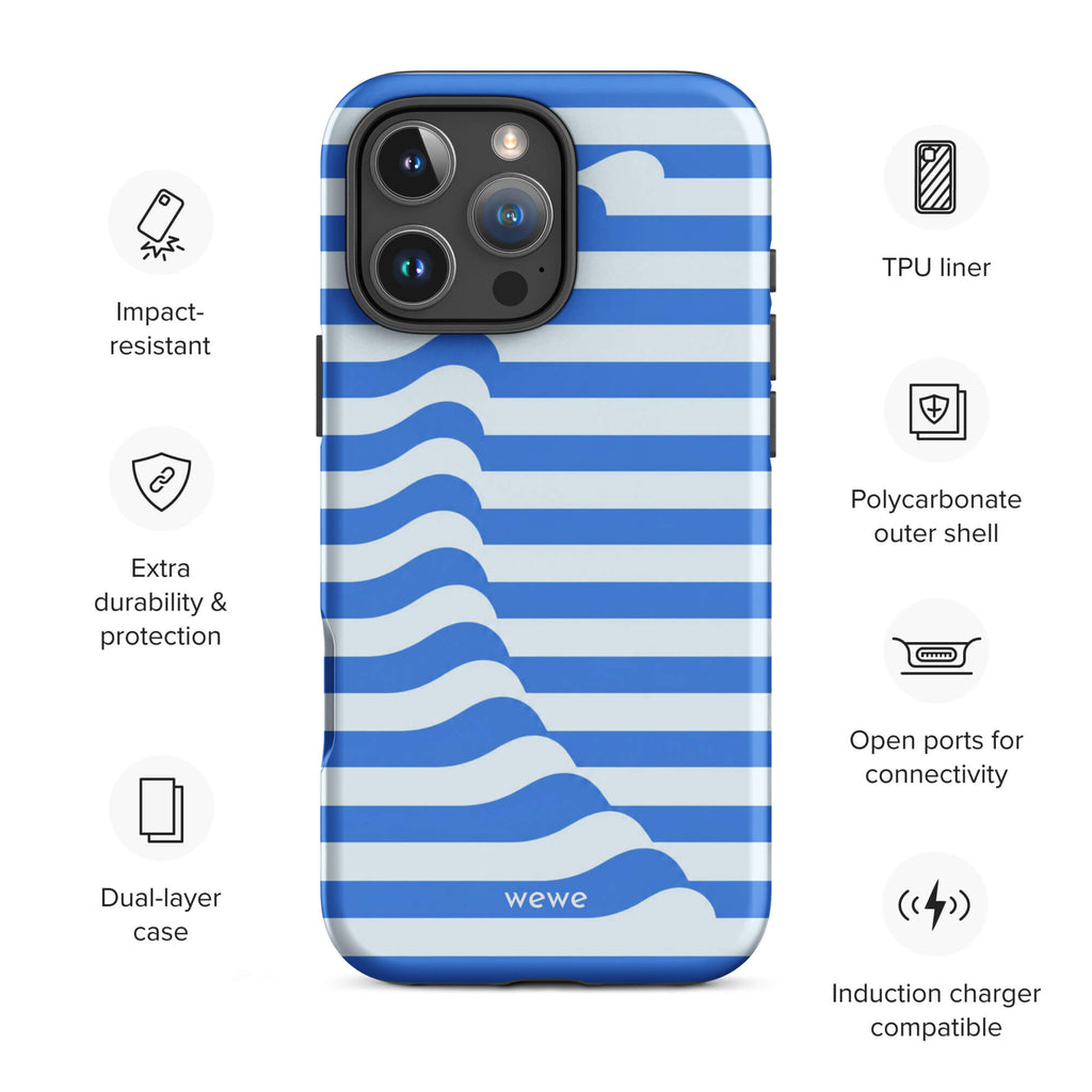 Cobalt-blue and ice-blue iPhone case with horizontal stripes joined by a flowing diagonal wave