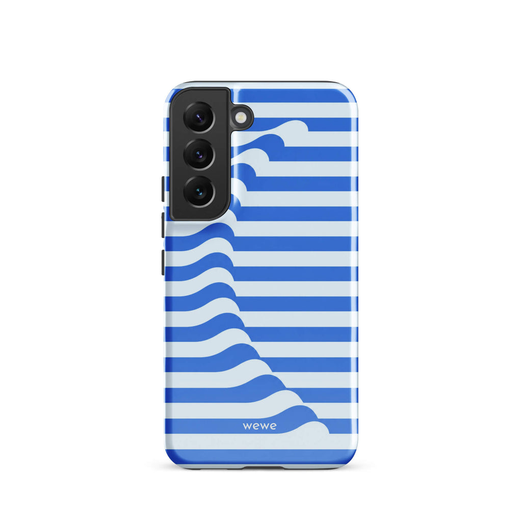 Cobalt-blue and ice-blue iPhone case with horizontal stripes joined by a flowing diagonal wave