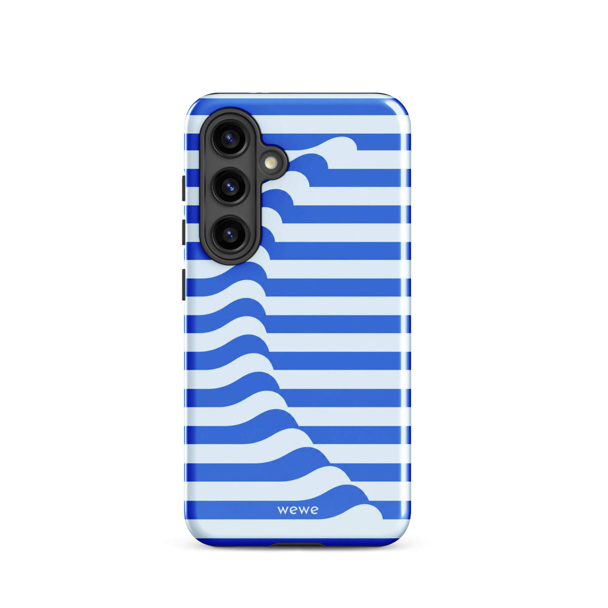 Cobalt-blue and ice-blue iPhone case with horizontal stripes joined by a flowing diagonal wave