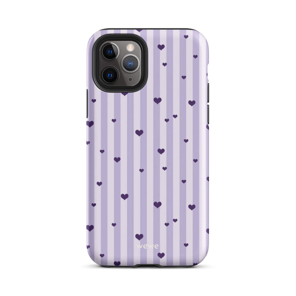 Custom iPhone case 11 pro with a light purple and white vertical stripe background, scattered dark purple hearts.