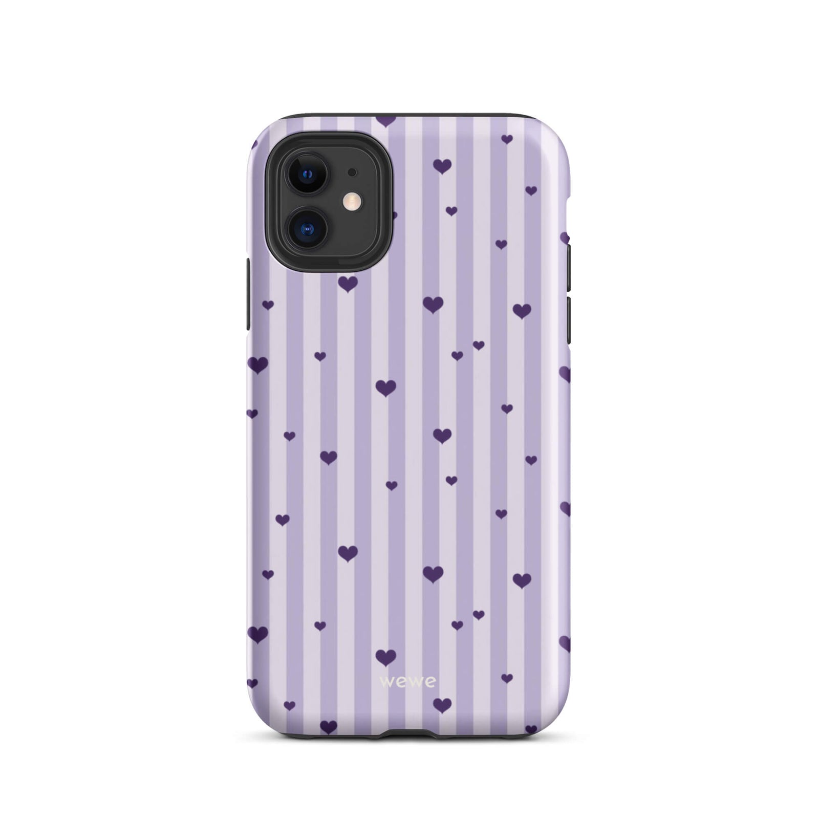 Custom iPhone case 11 with a light purple and white vertical stripe background, scattered dark purple hearts.