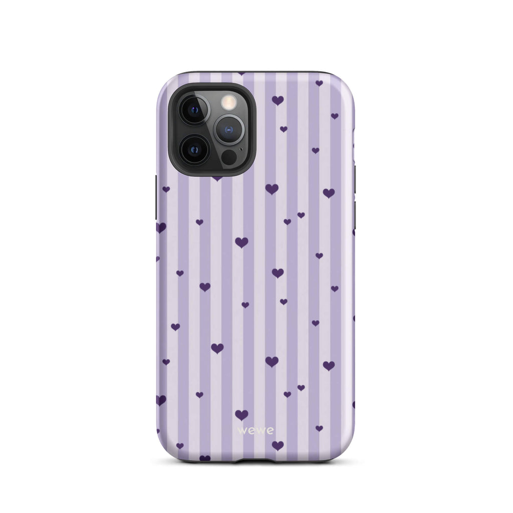 Custom iPhone case 12 pro with a light purple and white vertical stripe background, scattered dark purple hearts.