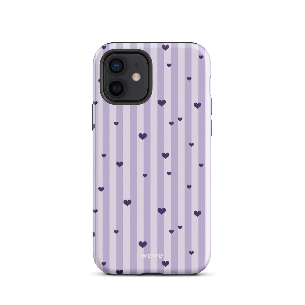 Custom iPhone case 12 with a light purple and white vertical stripe background, scattered dark purple hearts.