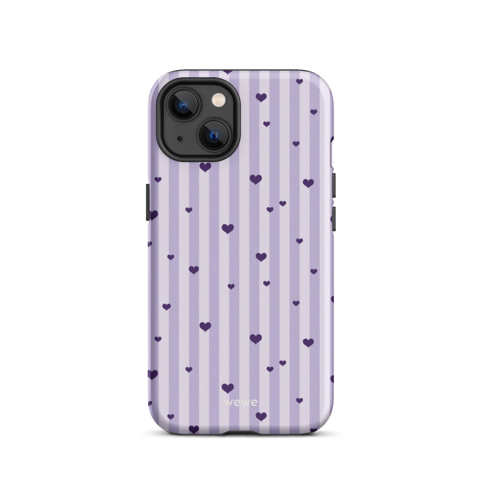 Custom iPhone case 13 with a light purple and white vertical stripe background, scattered dark purple hearts.