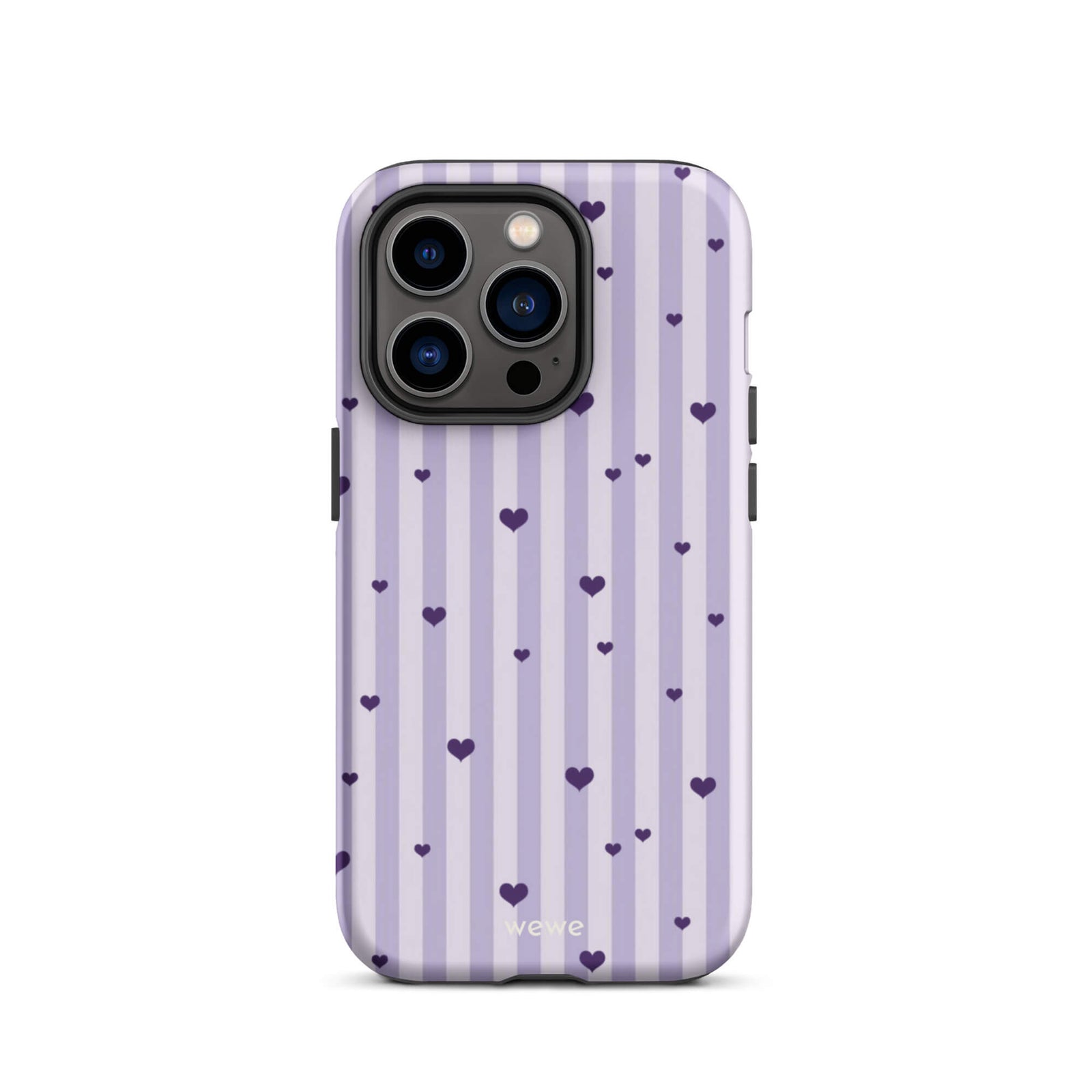 Custom iPhone case 14 pro with a light purple and white vertical stripe background, scattered dark purple hearts.
