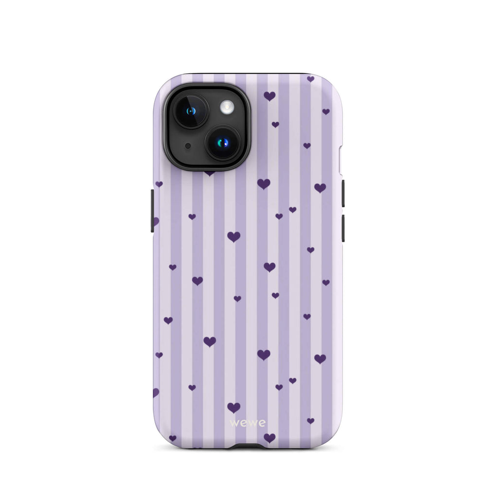 Custom iPhone case 15 with a light purple and white vertical stripe background, scattered dark purple hearts.