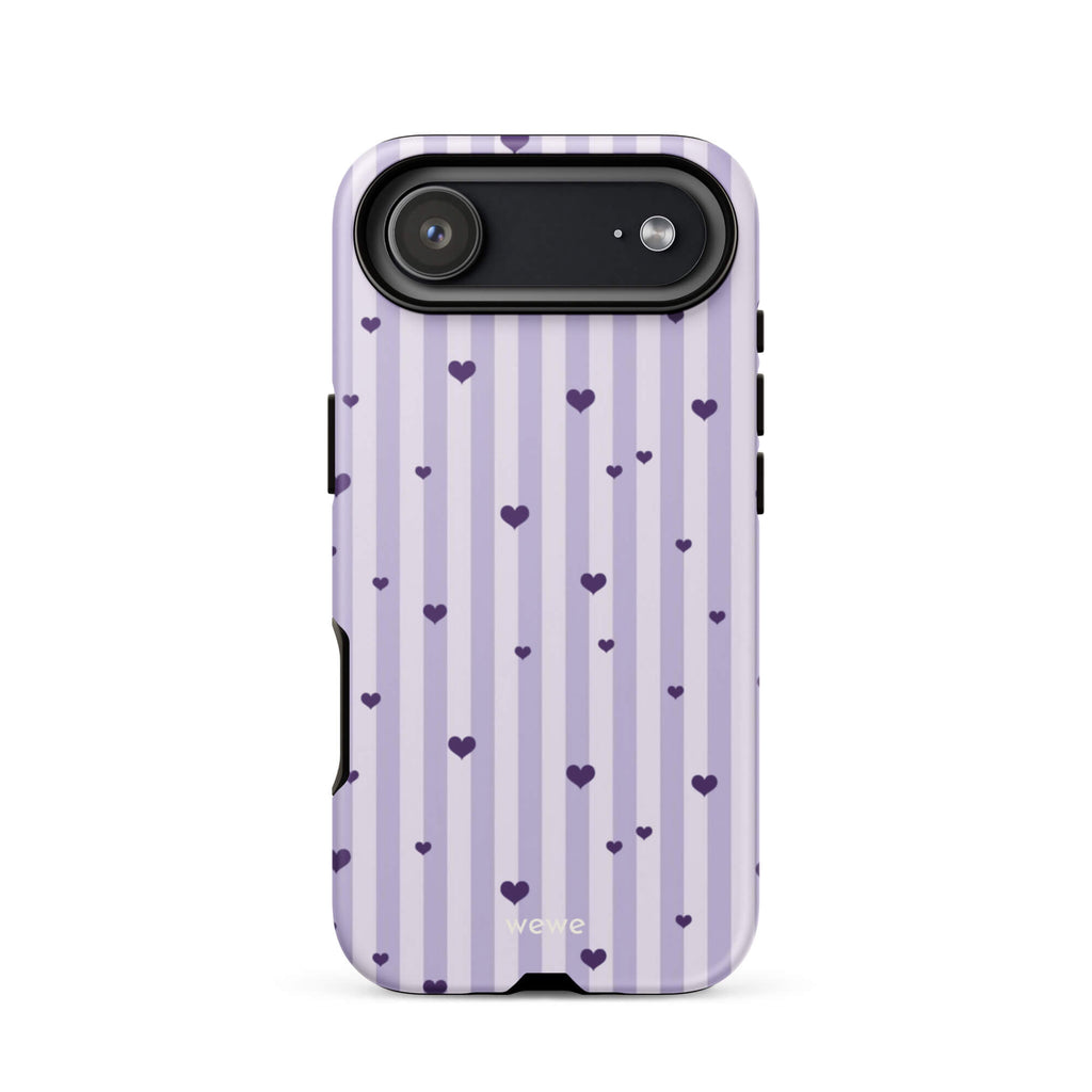 Custom iPhone case 17 air with a light purple and white vertical stripe background, scattered dark purple hearts.
