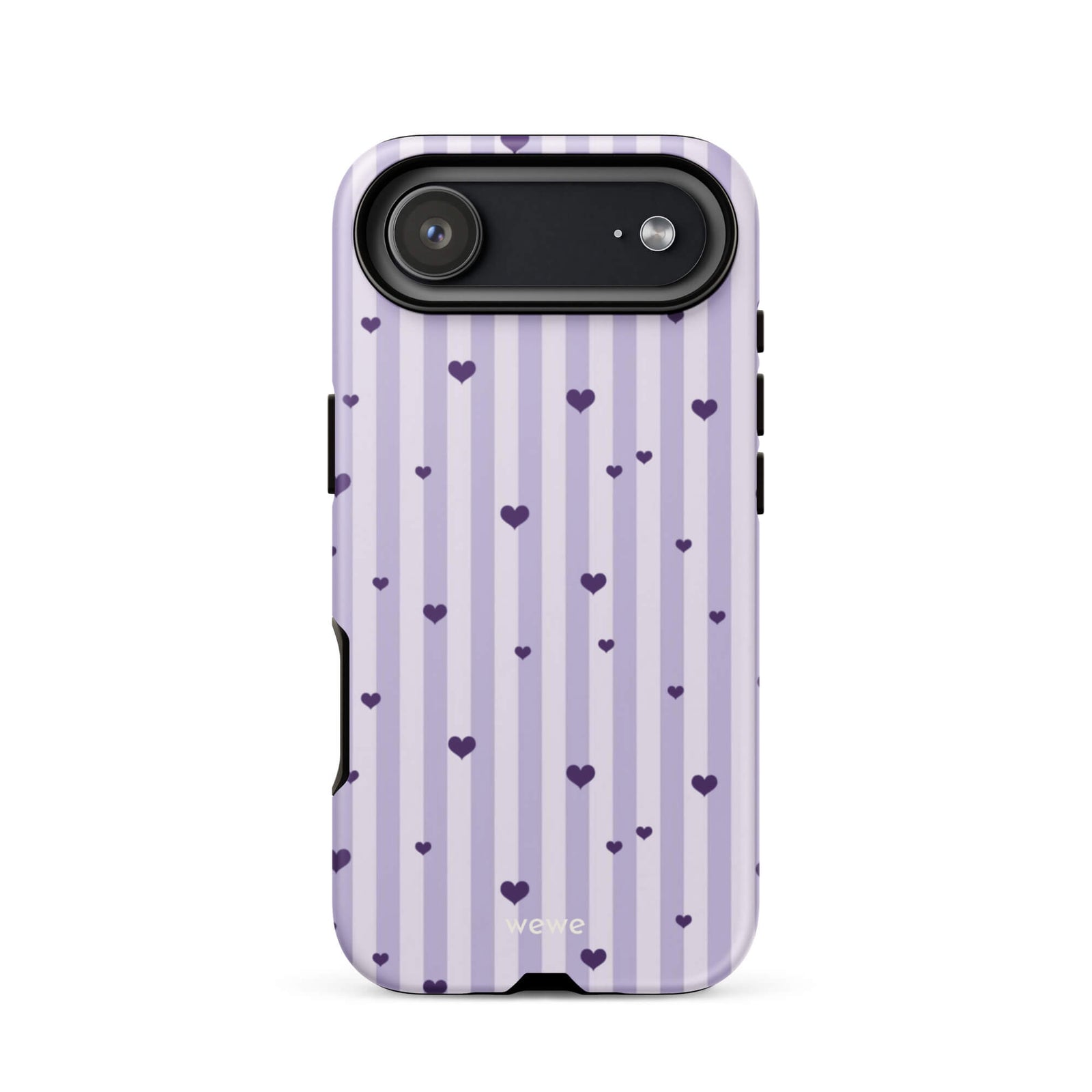 Custom iPhone case 17 air with a light purple and white vertical stripe background, scattered dark purple hearts.