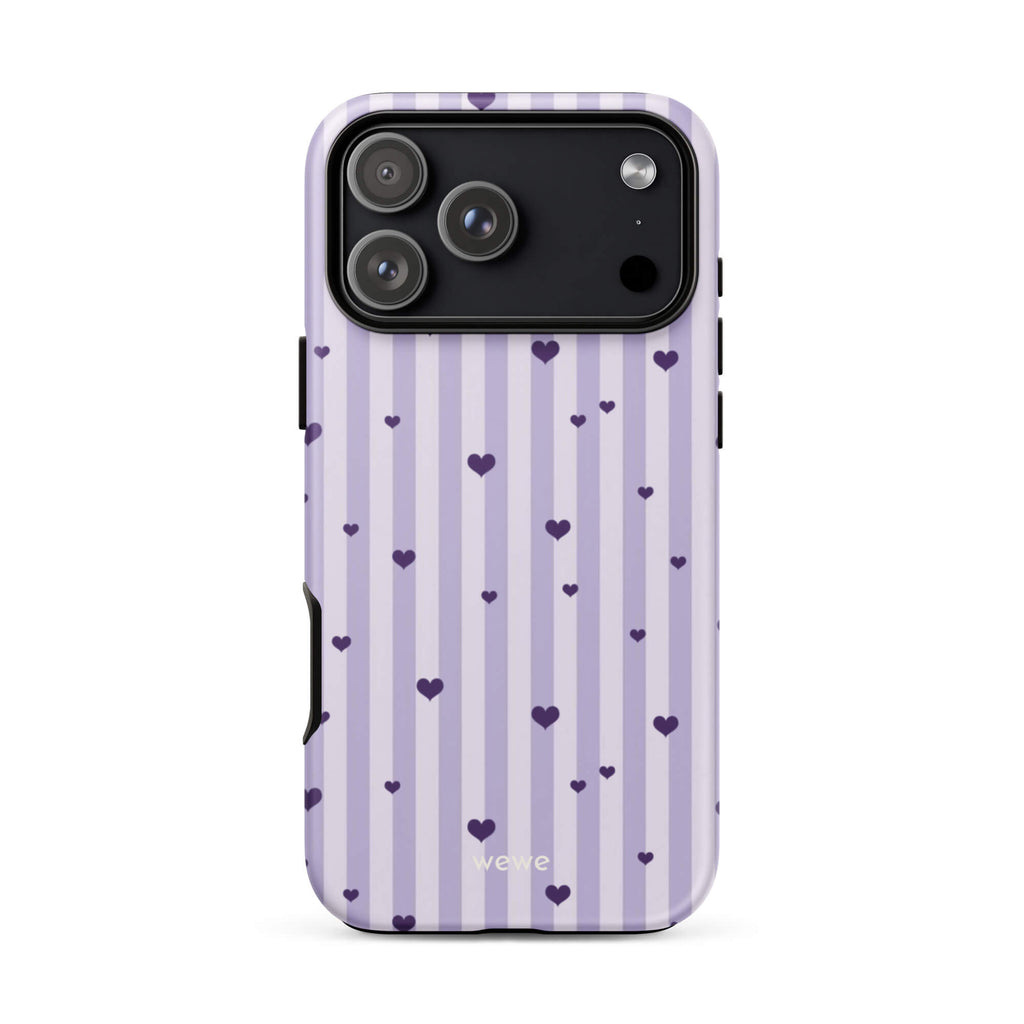 Custom iPhone case 17 pro max with a light purple and white vertical stripe background, scattered dark purple hearts.