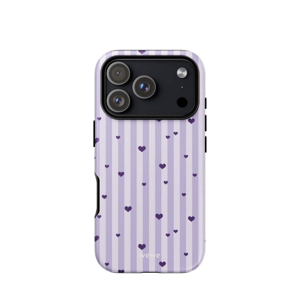 Custom iPhone case 17 pro with a light purple and white vertical stripe background, scattered dark purple hearts.