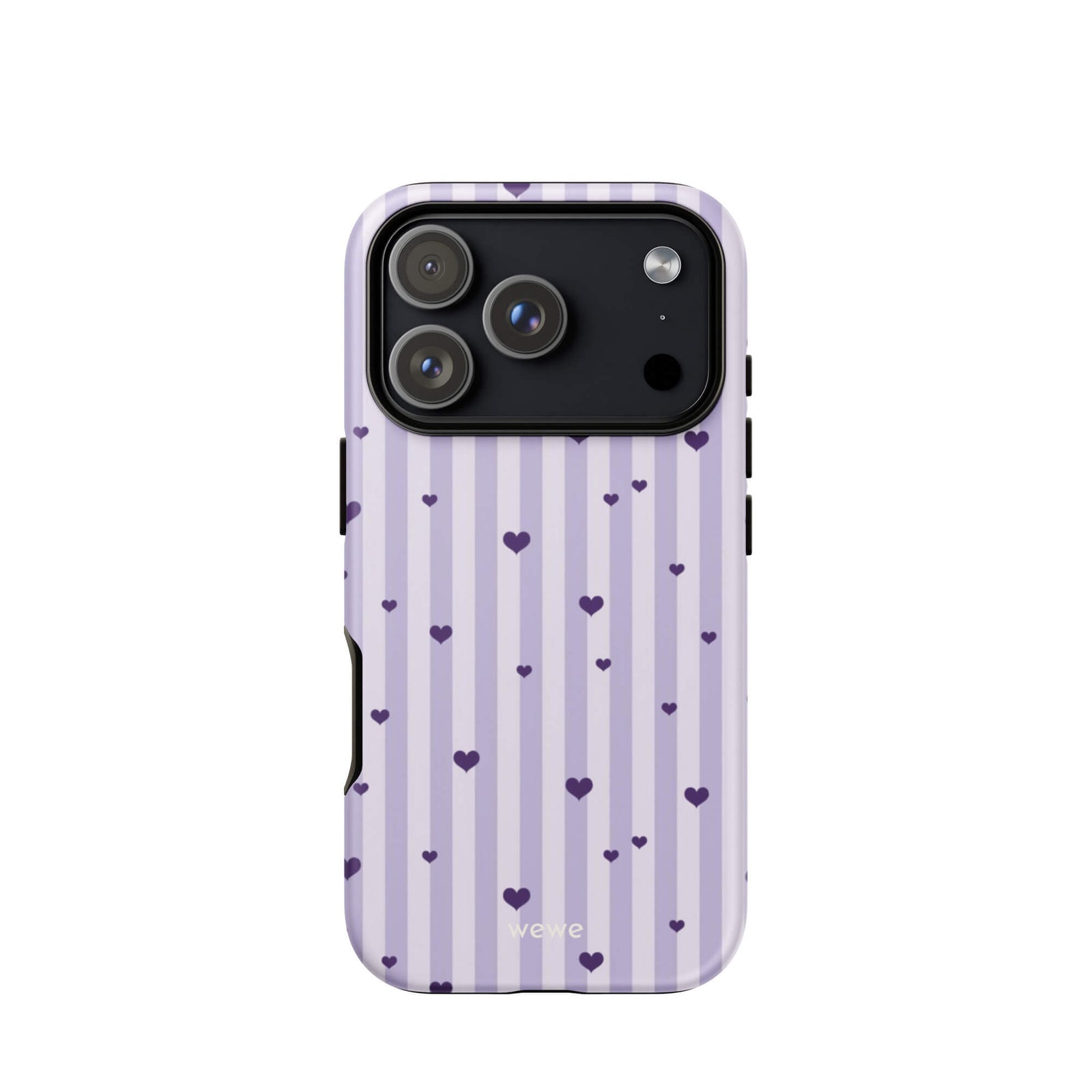 Custom iPhone case 17 pro with a light purple and white vertical stripe background, scattered dark purple hearts.