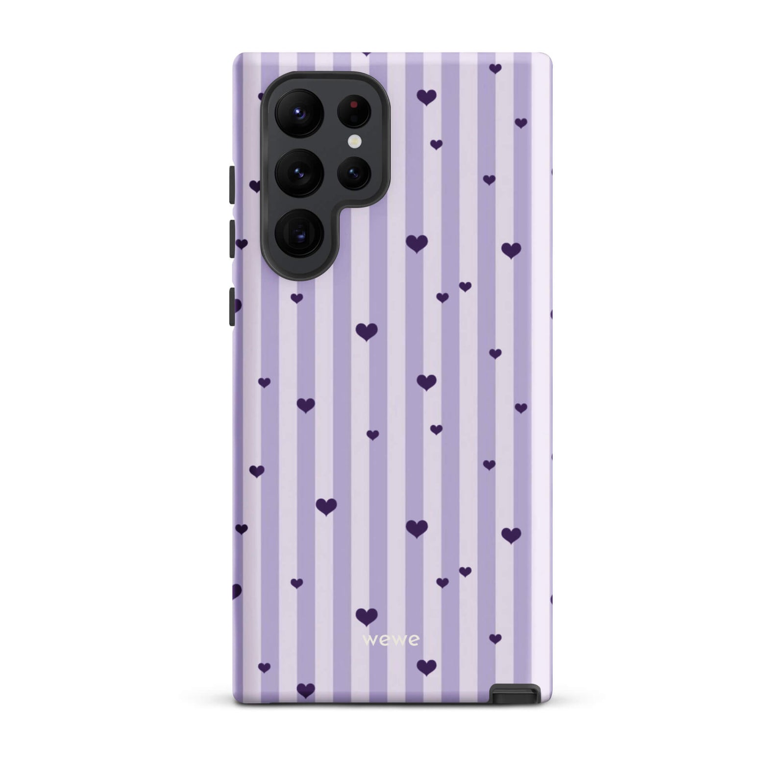 Custom samsung galaxy s22 ultra  Phone case with a light purple and white vertical stripe background, scattered dark purple hearts.