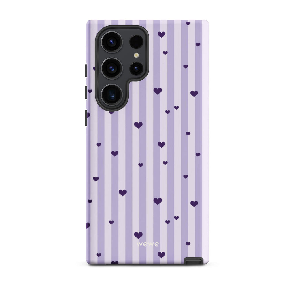 Custom samsung galaxy s23 ultra  Phone case with a light purple and white vertical stripe background, scattered dark purple hearts.