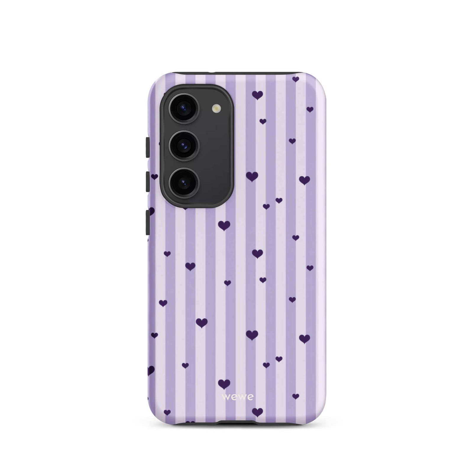 Custom samsung galaxy s23  Phone case with a light purple and white vertical stripe background, scattered dark purple hearts.