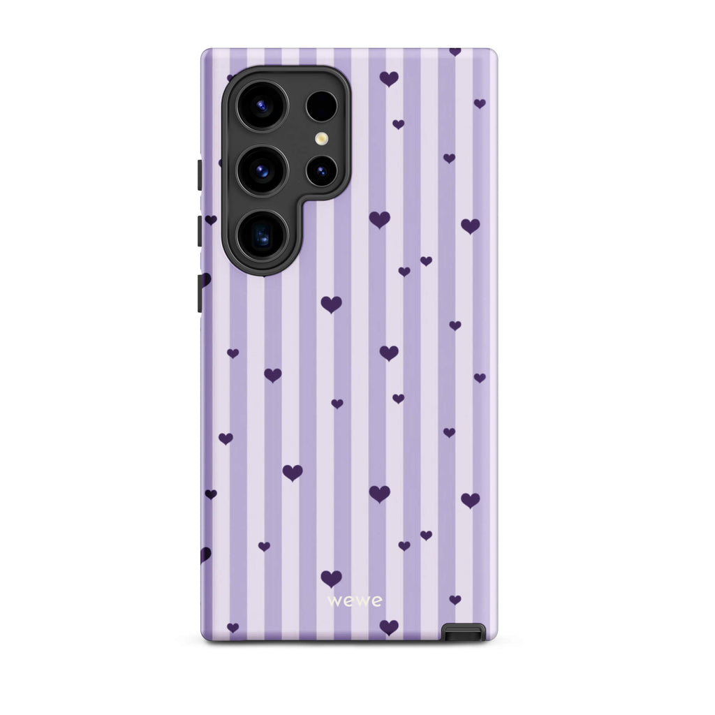 Custom samsung galaxy s24 ultra  Phone case with a light purple and white vertical stripe background, scattered dark purple hearts.