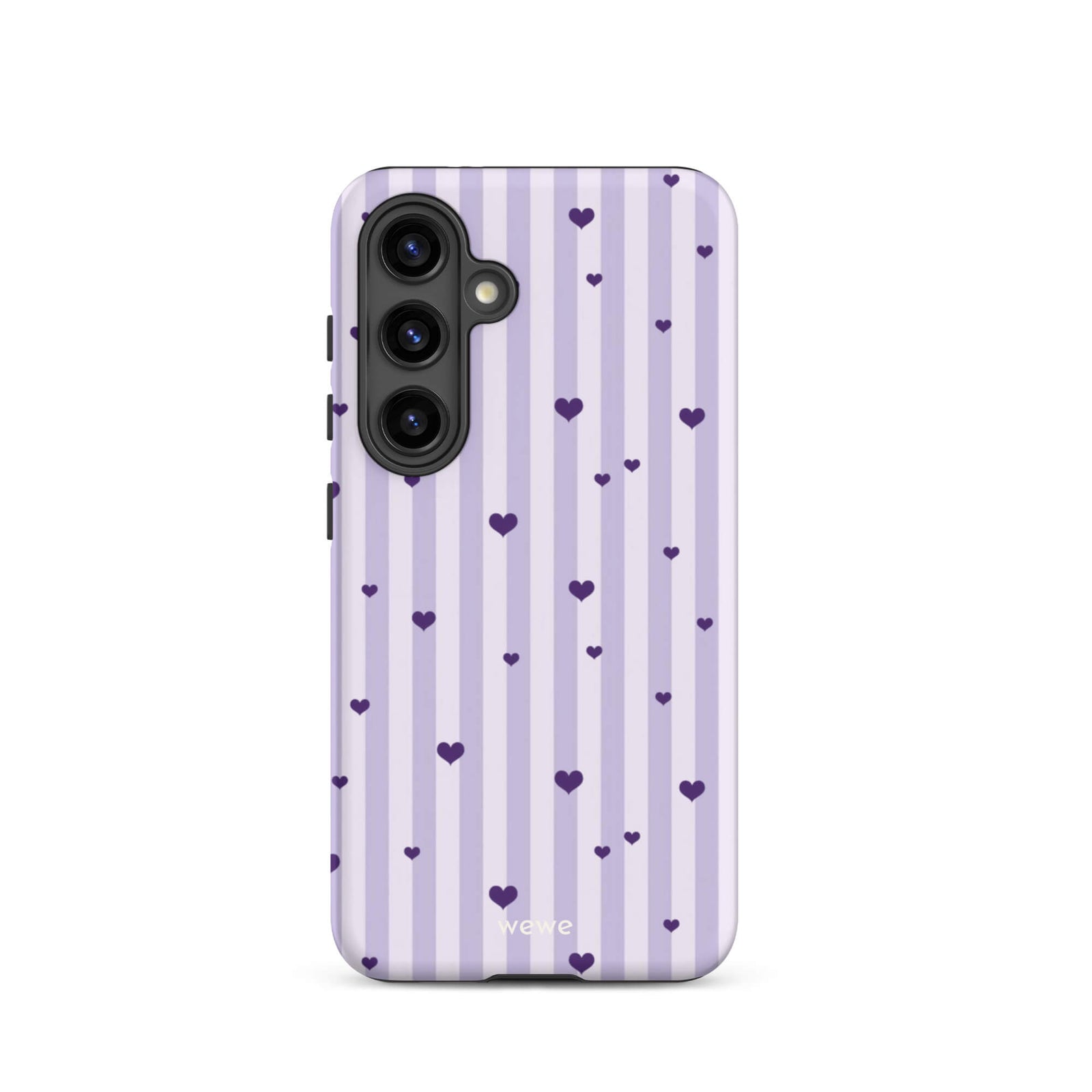 Custom samsung galaxy s24  Phone case with a light purple and white vertical stripe background, scattered dark purple hearts.