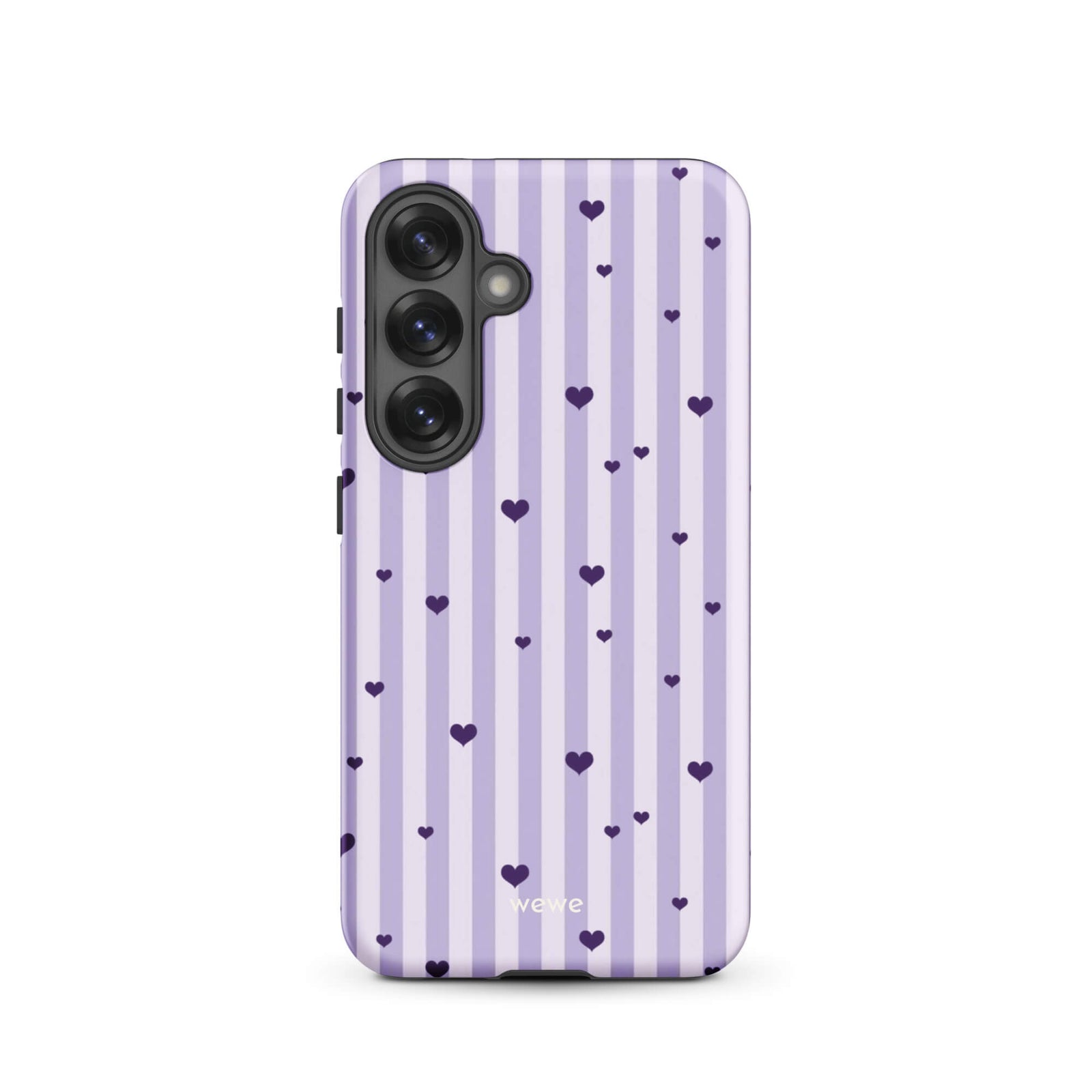 Custom samsung galaxy s25 Phone case with a light purple and white vertical stripe background, scattered dark purple hearts.