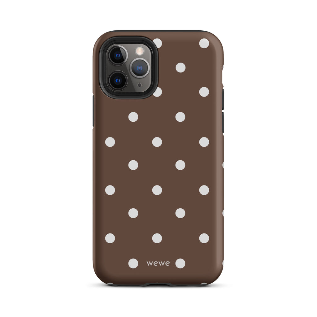 Cocoa brown iPhone case with evenly spaced cream-white polka dots