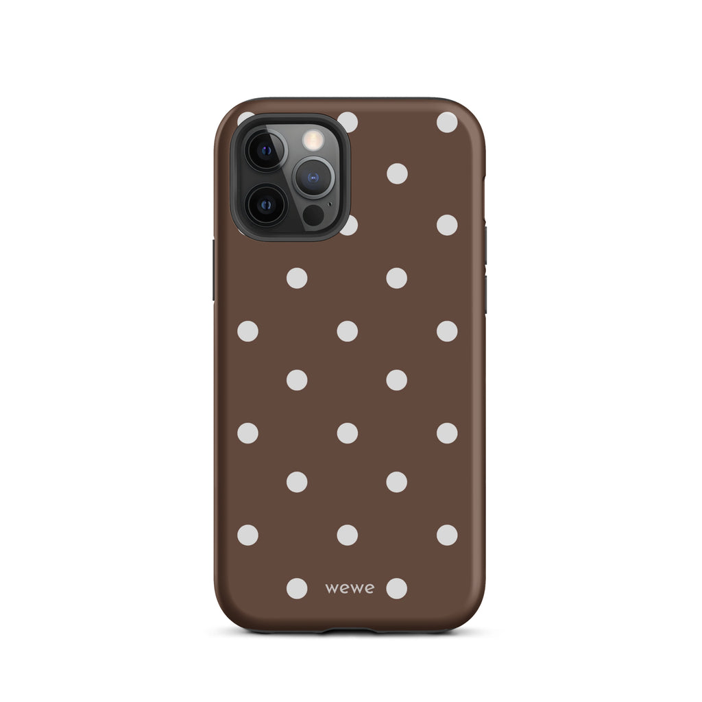 Cocoa brown iPhone case with evenly spaced cream-white polka dots