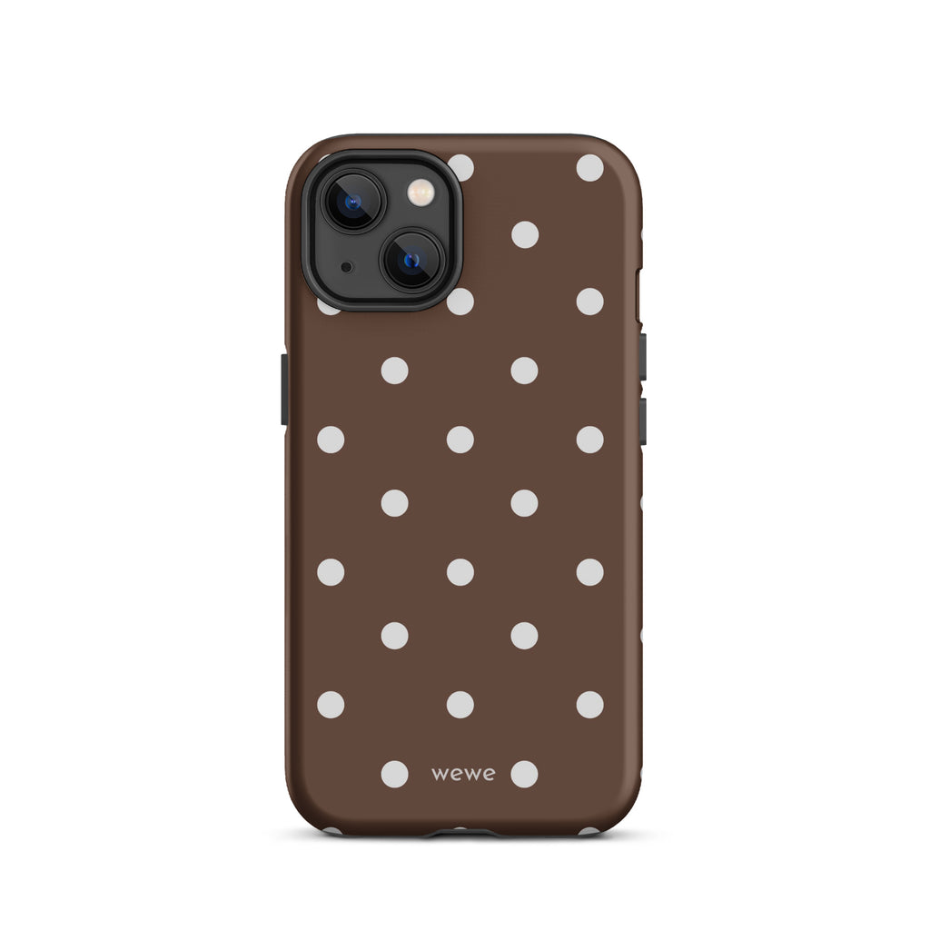 Cocoa brown iPhone case with evenly spaced cream-white polka dots