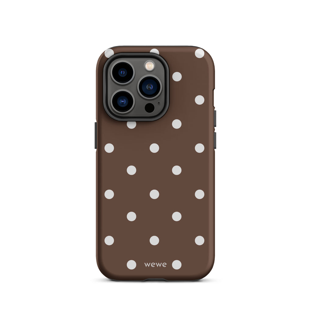Cocoa brown iPhone case with evenly spaced cream-white polka dots