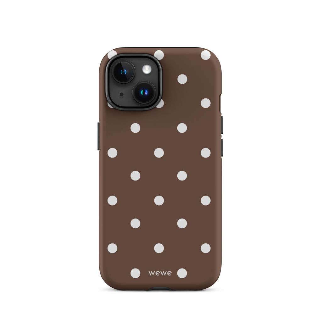 Cocoa brown iPhone case with evenly spaced cream-white polka dots