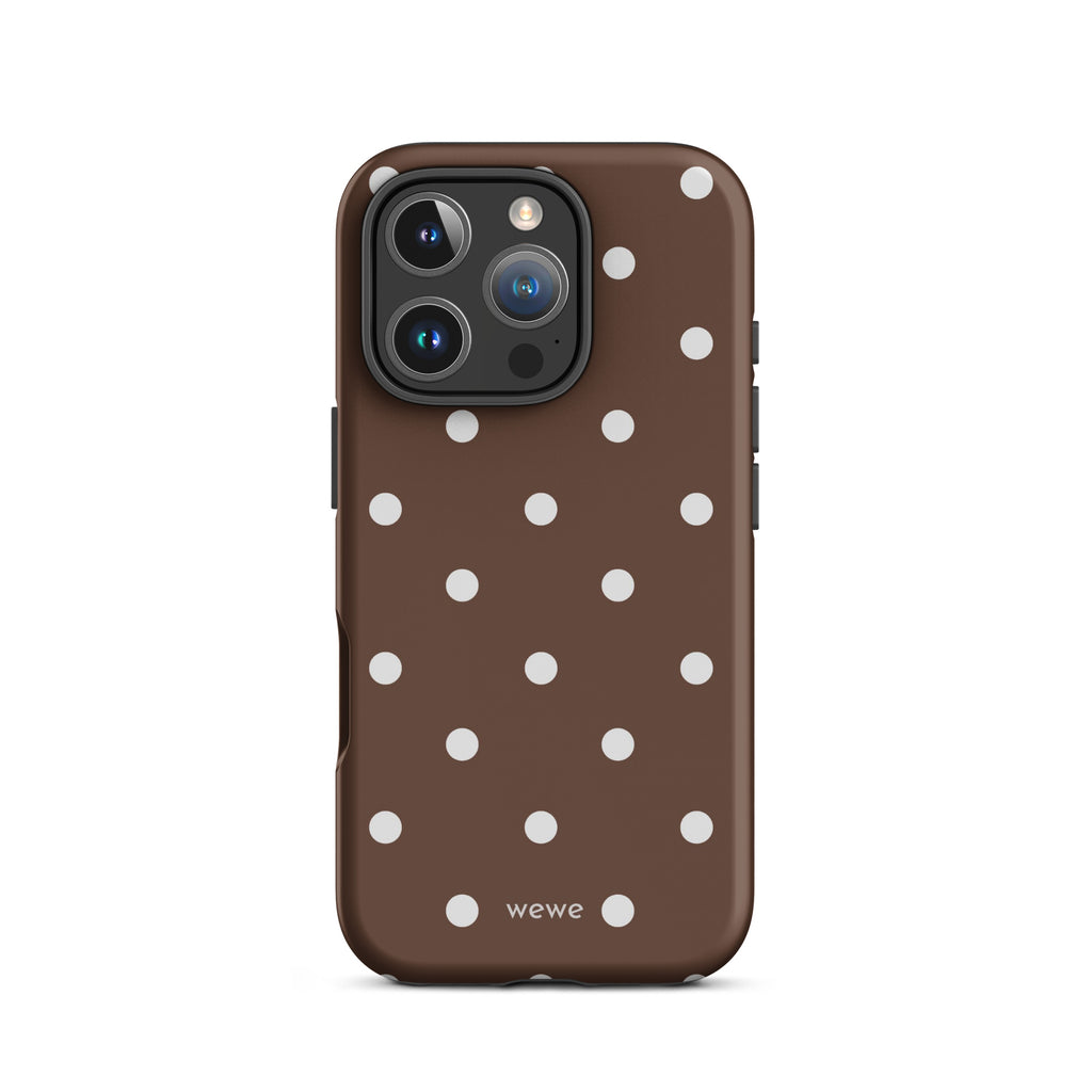 Cocoa brown iPhone case with evenly spaced cream-white polka dots