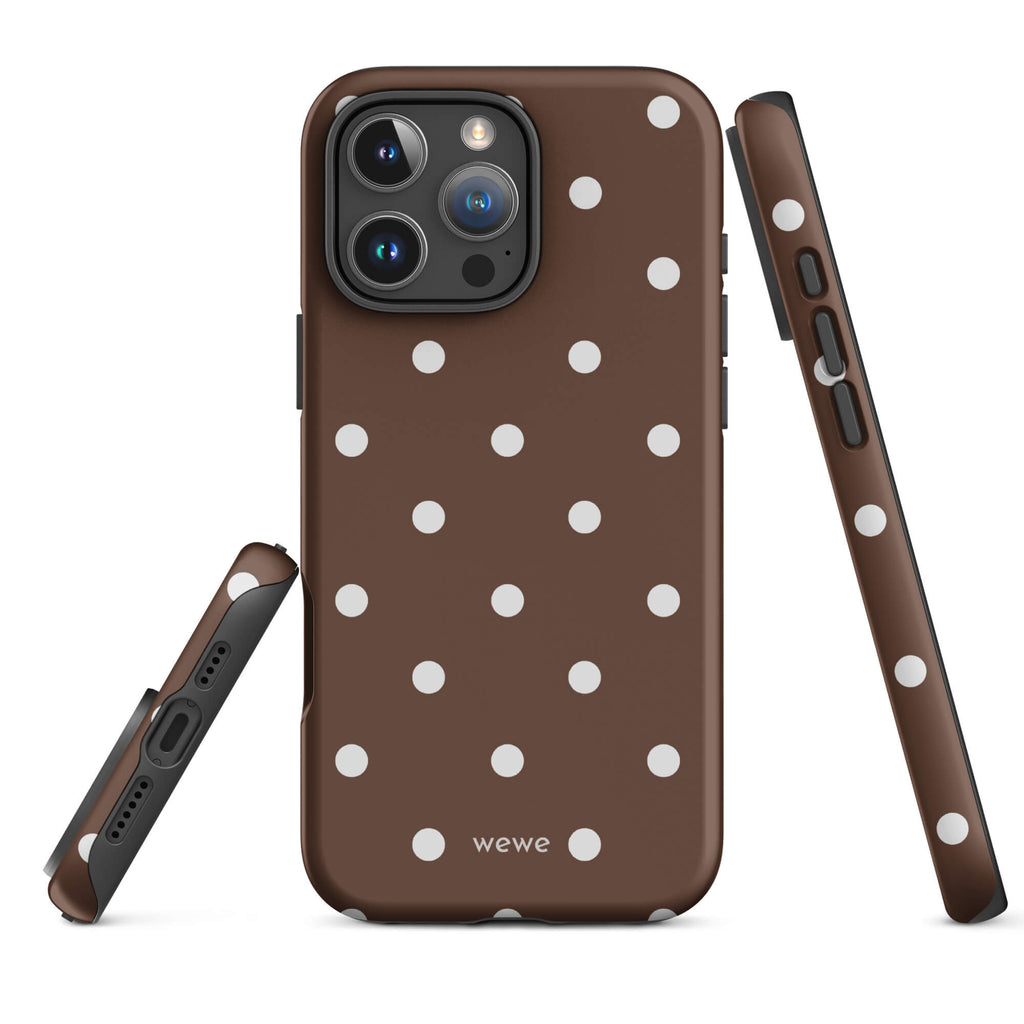 Cocoa brown iPhone case with evenly spaced cream-white polka dots