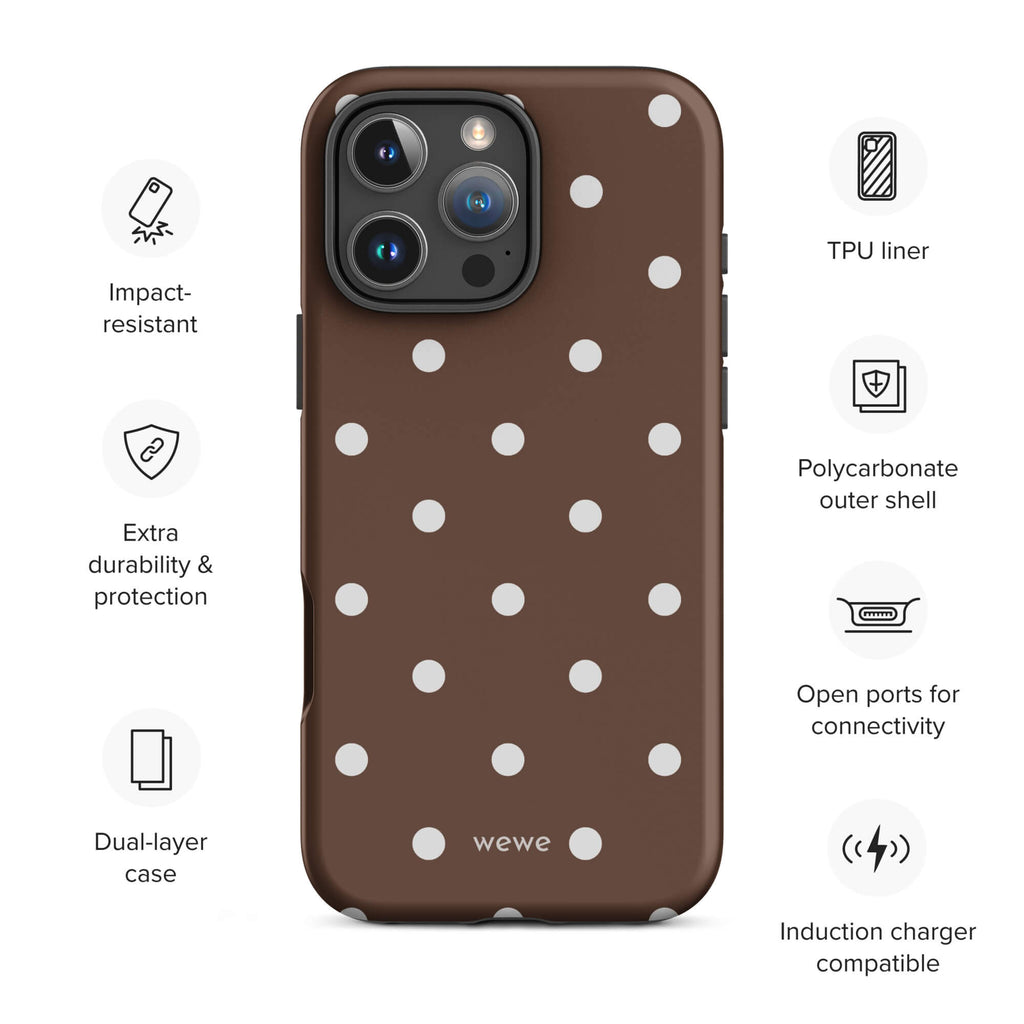 Cocoa brown iPhone case with evenly spaced cream-white polka dots