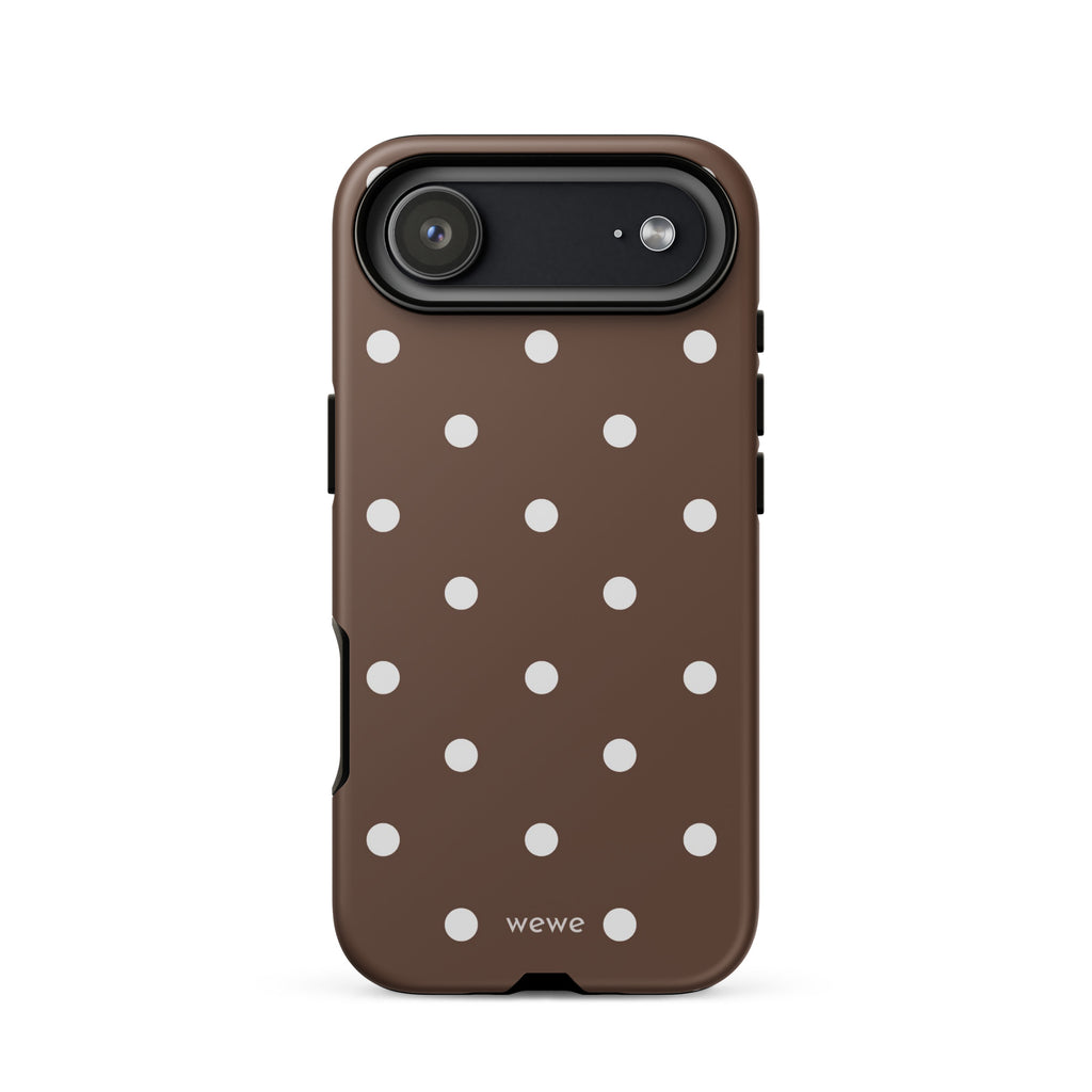Cocoa brown iPhone case with evenly spaced cream-white polka dots